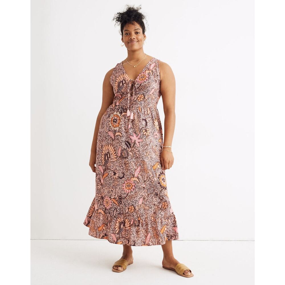 Madewell Cotton Lace-Up Ruffle-Hem Midi Dress in Bali Blooms Bohemian Size 8
